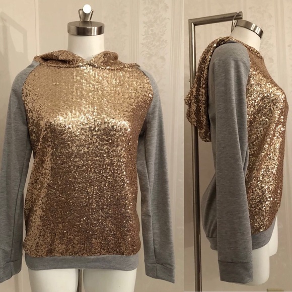 12PM by Mon Ami Gold Sequins Gray Hoodie Pullover - Picture 3 of 8